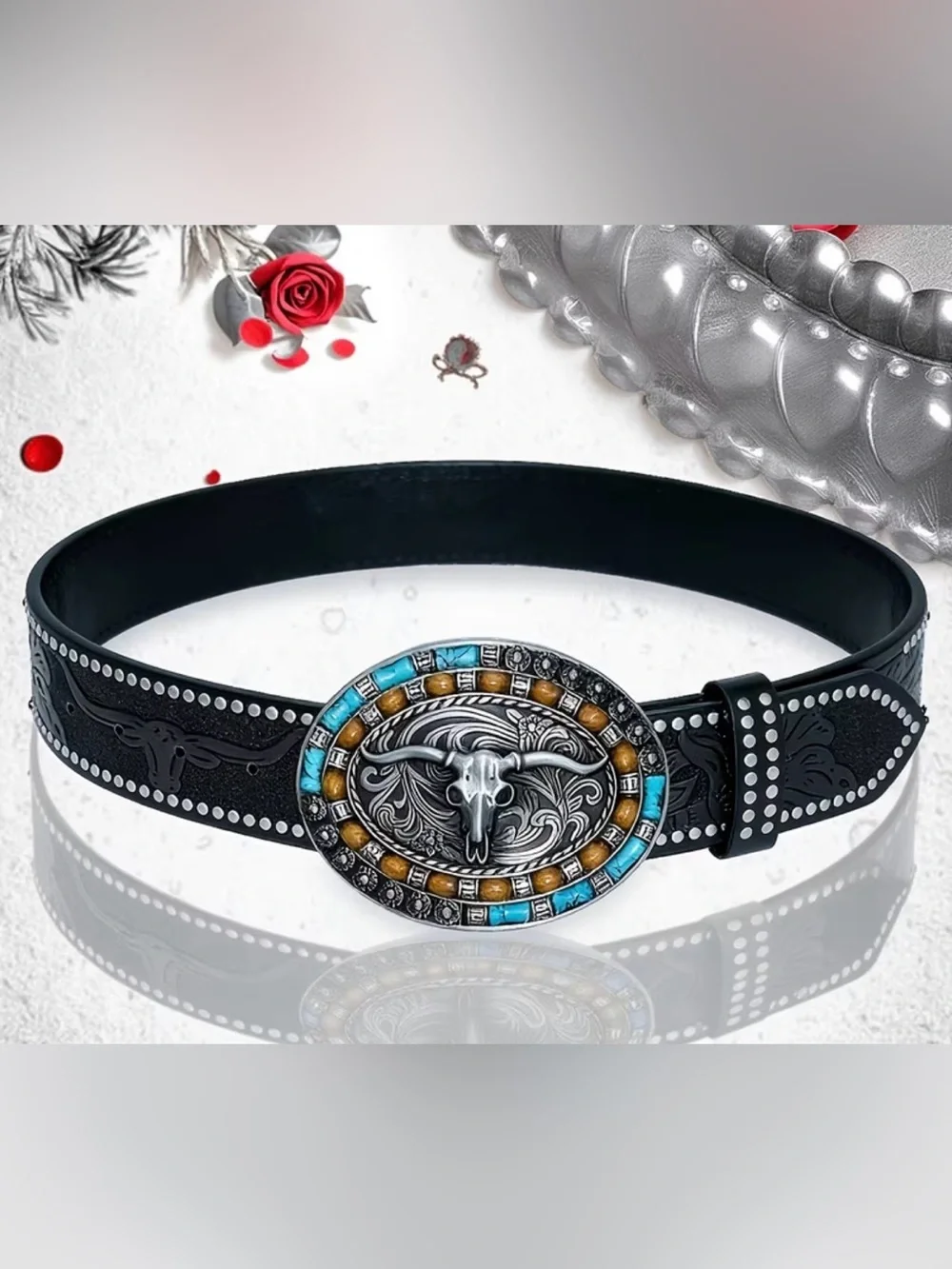 Western Belt Black PU Leather Statement Turquoise-Buckle Belt